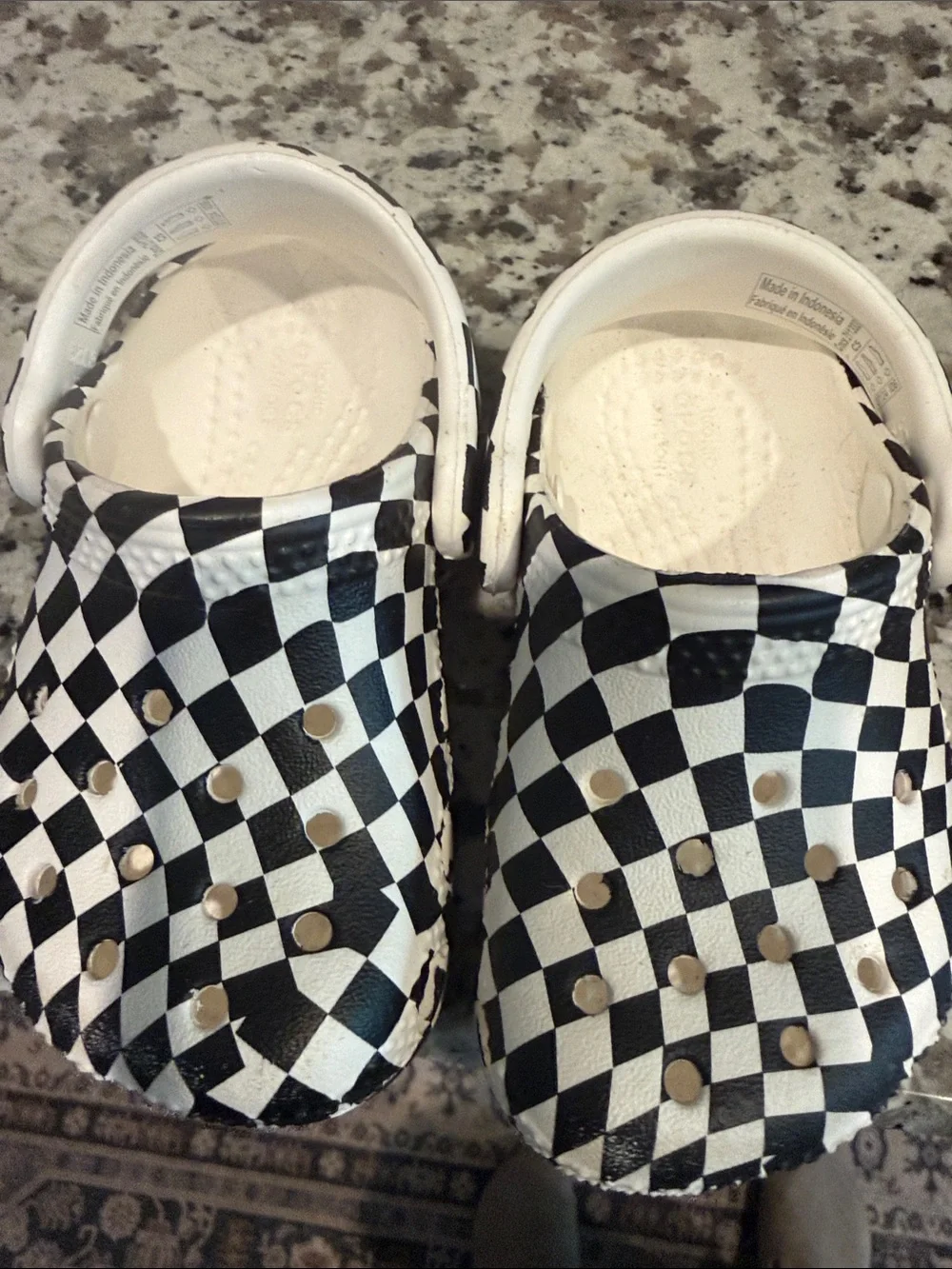 CROCS Toddler Black and White Checkered Clogs with Heel Strap